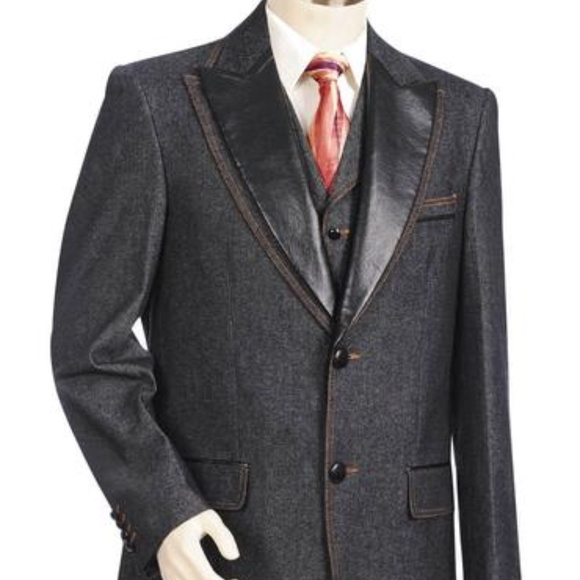 Men's Denim 3pc. Suit W/ Faux Leather Lapel